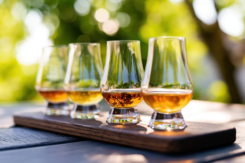 Four glencairn whisky tasting glasses arranged in a row on a wooden tray outdoors with green foliage in the background
