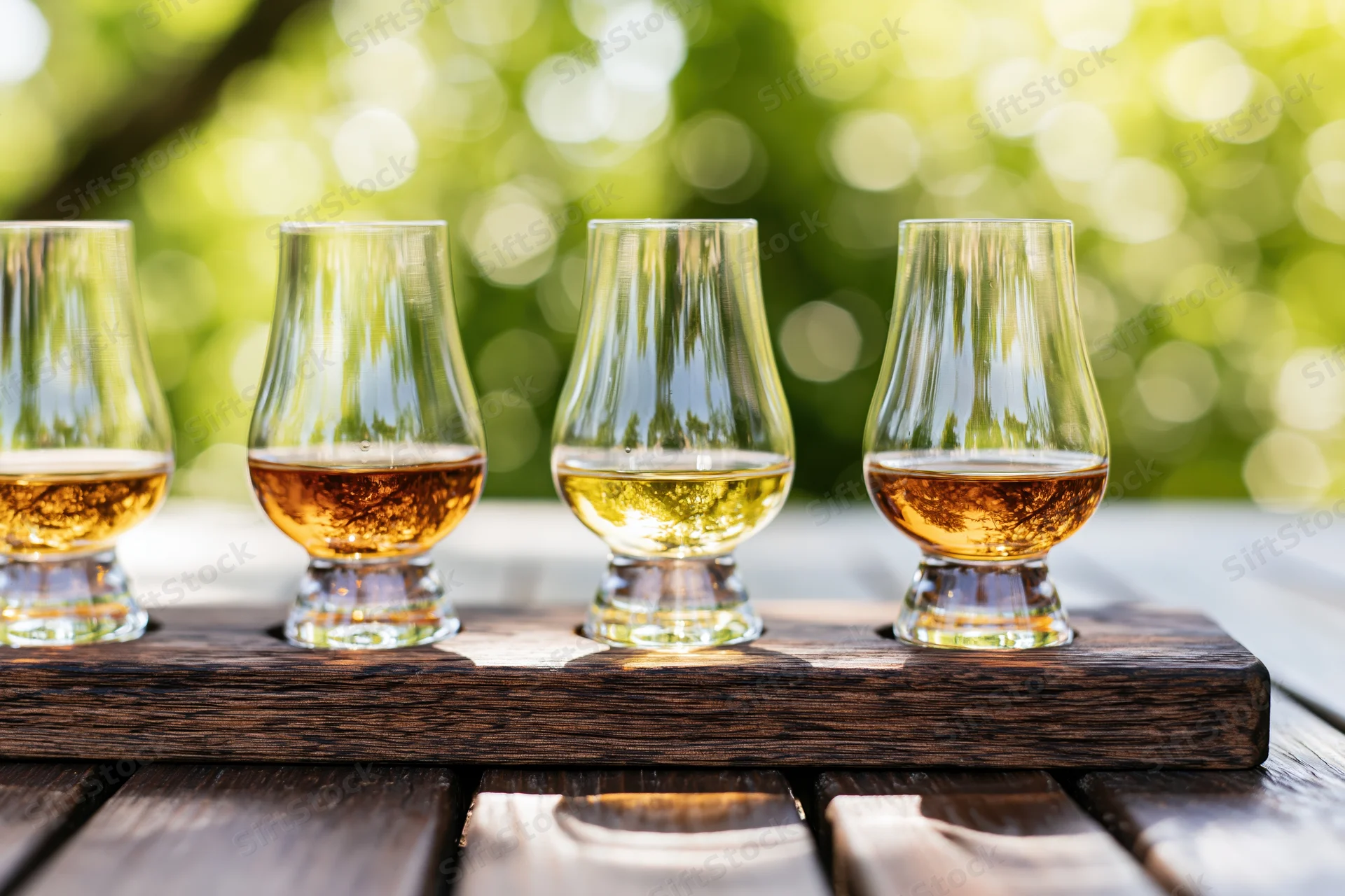 Four glencairn whisky tasting glasses arranged on a wooden tray outdoors on a sunny day
