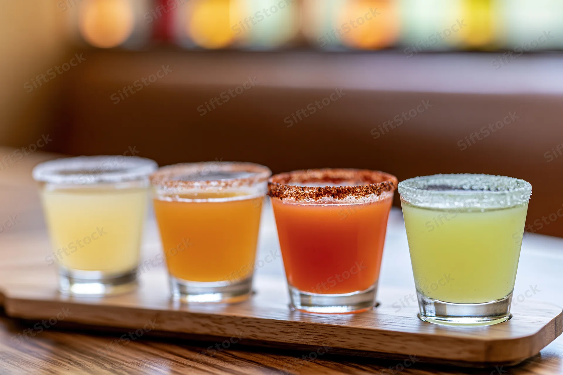 Four margarita flight glasses arranged in a row on a wooden tray at a bar