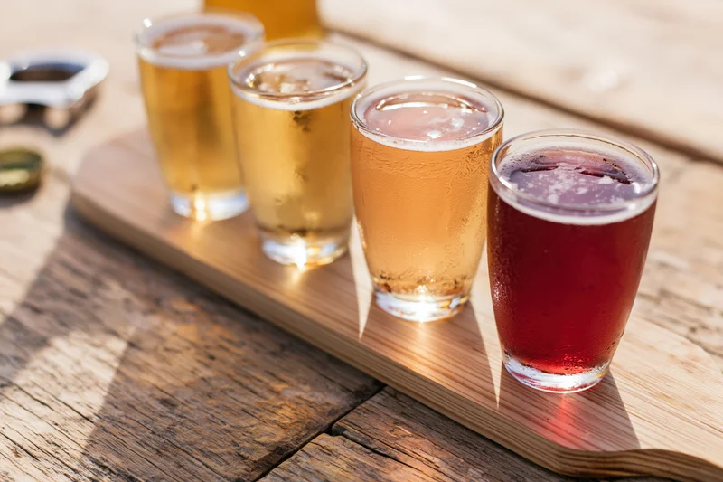 Four small glasses of cider arranged in a row on a wooden tray outdoors in sunlight