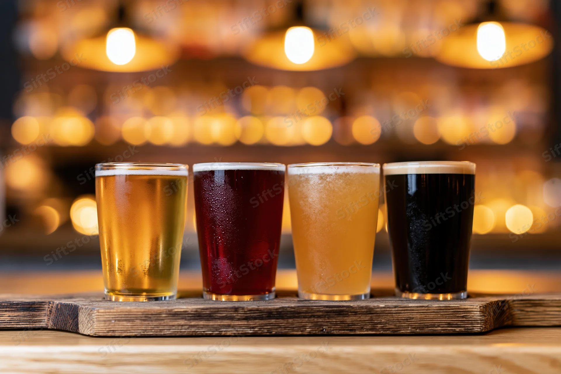 Four craft beer tasting glasses arranged in a row on a wooden tray at a bar