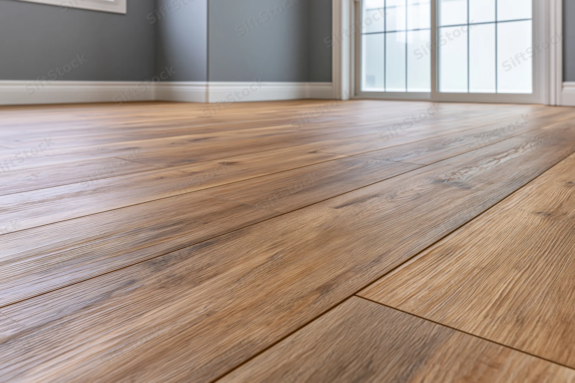 Freshly installed laminate wood flooring covering a room interior with gray walls and white trim near a window