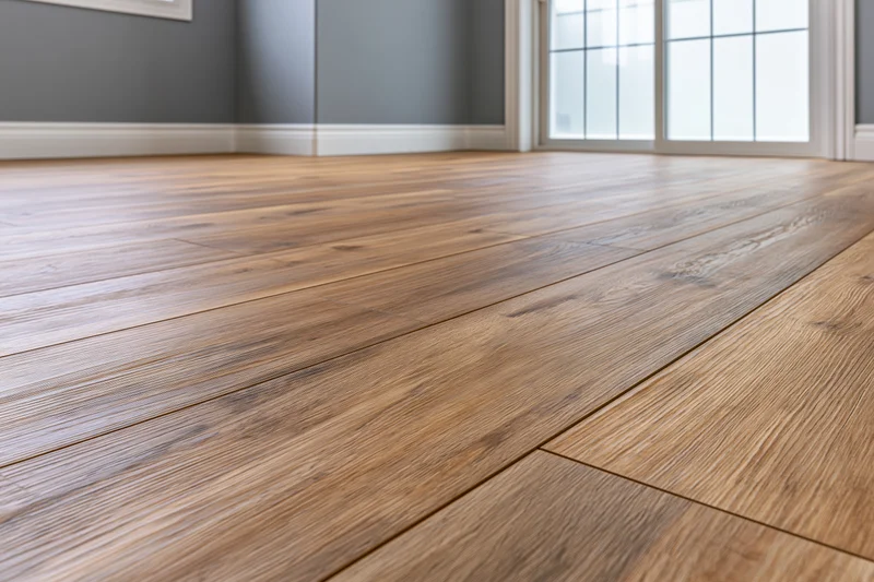 Freshly installed laminate wood flooring covering a room interior with gray walls and white trim near a window