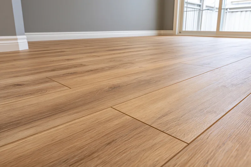 Freshly installed laminate wood flooring covering the interior floor space near a window and door