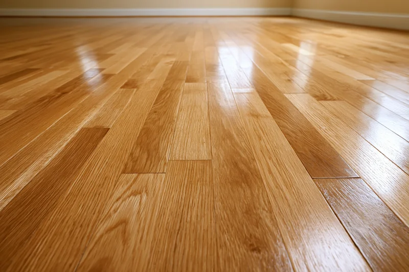 Polished hardwood floor stretching into the distance with visible wood grain and reflective surface