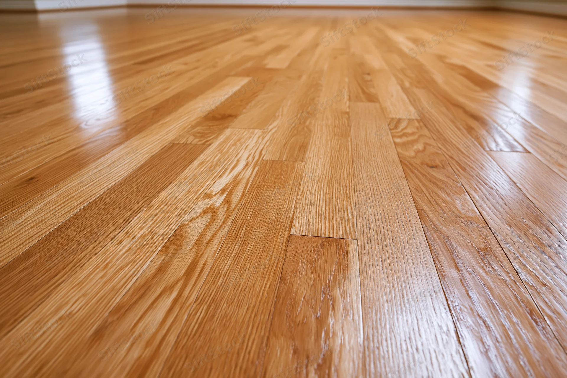 Polished hardwood floor stretching into the distance with visible wood grain and reflections