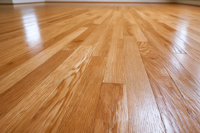 Polished hardwood floor stretching into the distance with visible wood grain and reflections