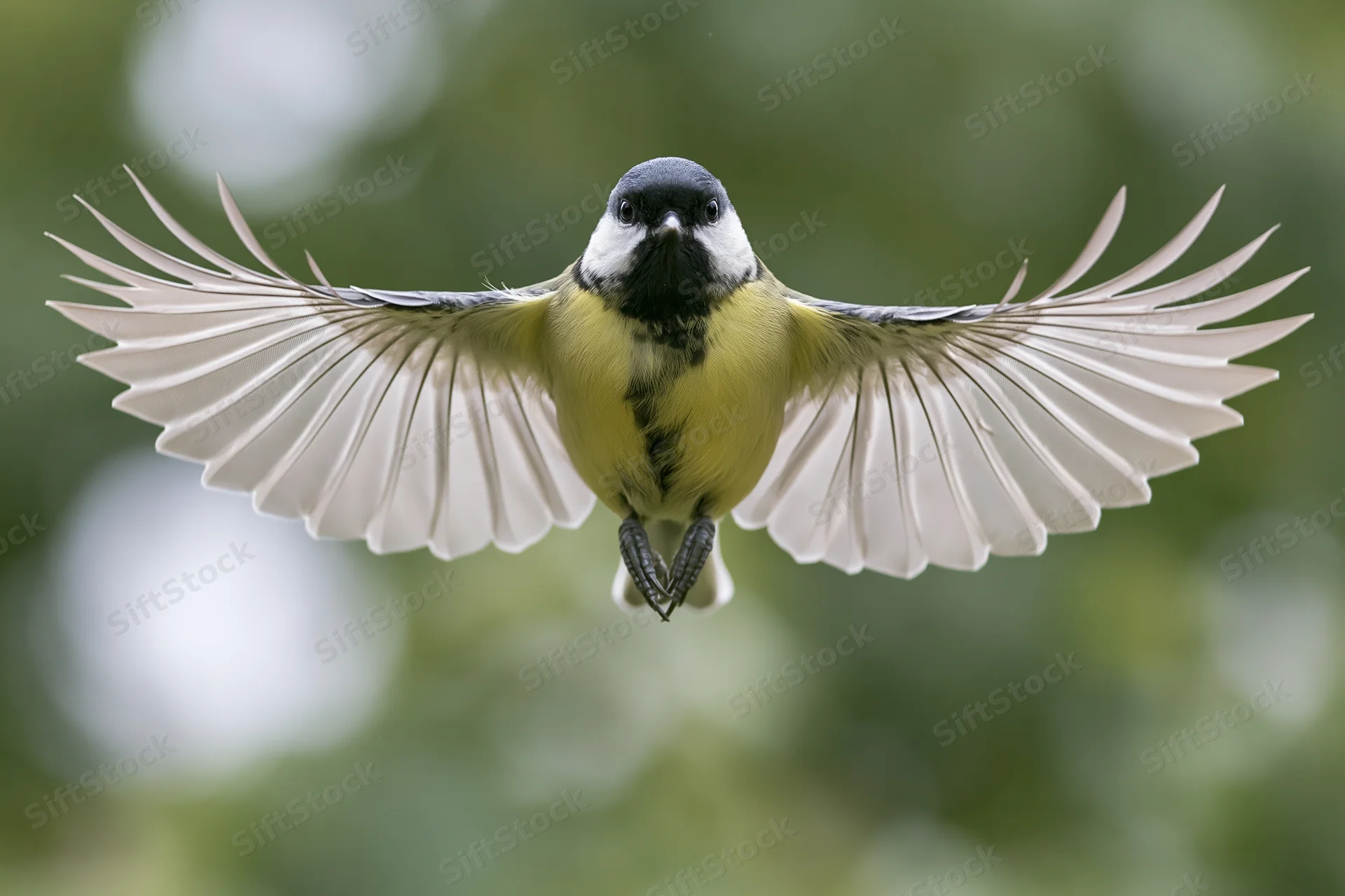 Great tit hovering mid-flight with wings fully spread facing camera in forest setting