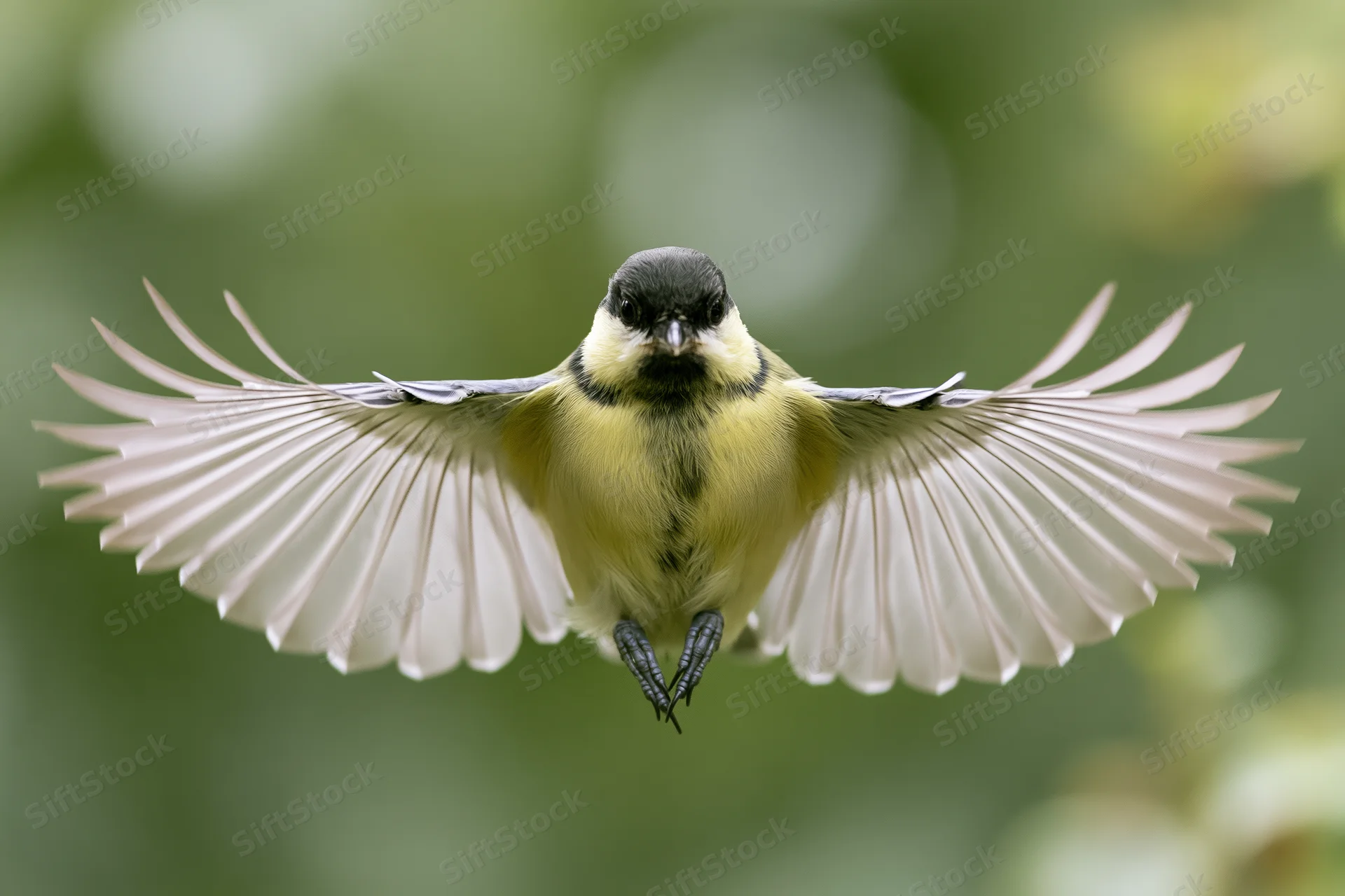 Great tit hovering mid-flight with wings fully spread facing camera against blurred green background