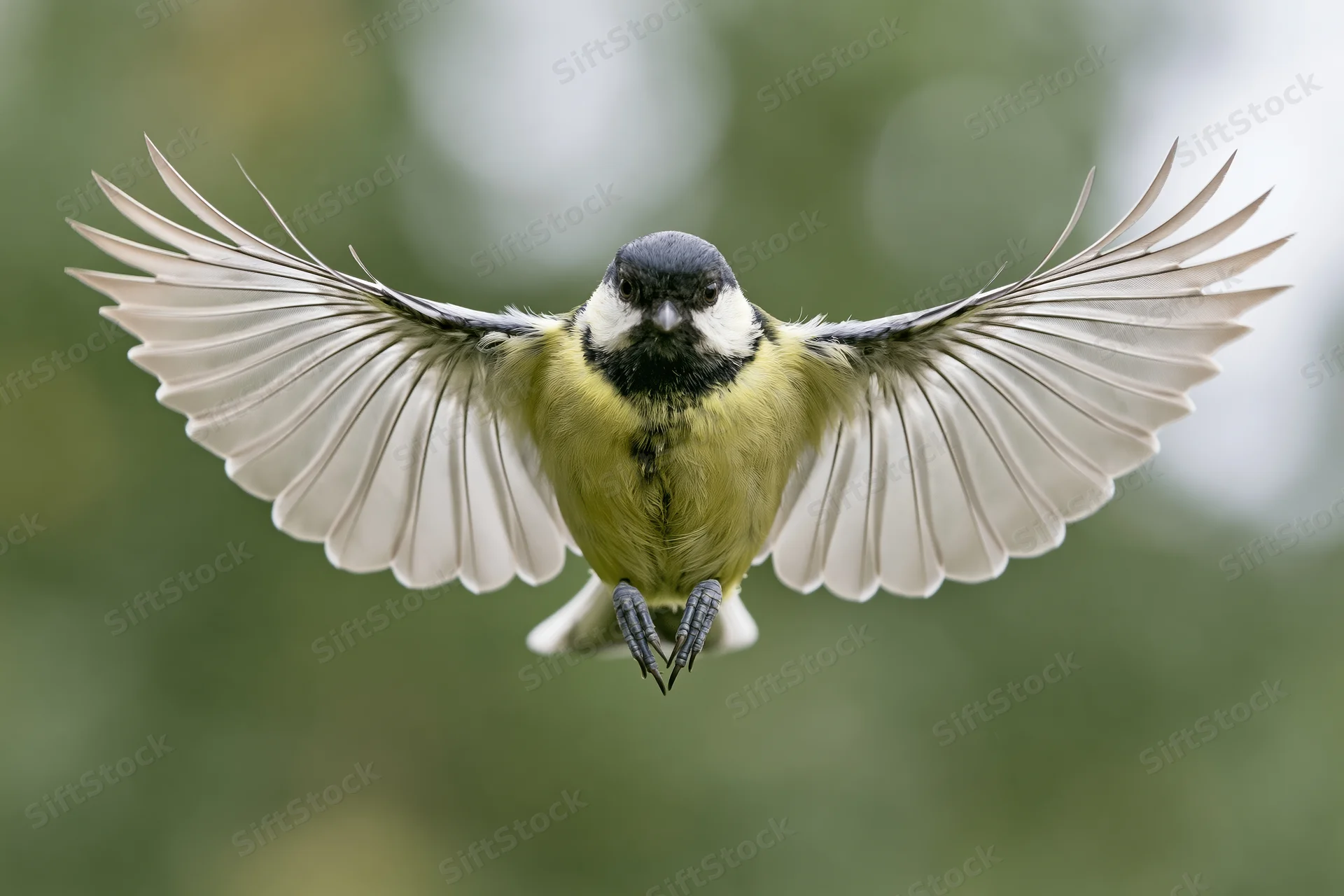 Great tit hovering mid-flight with wings fully spread facing camera against blurred green background