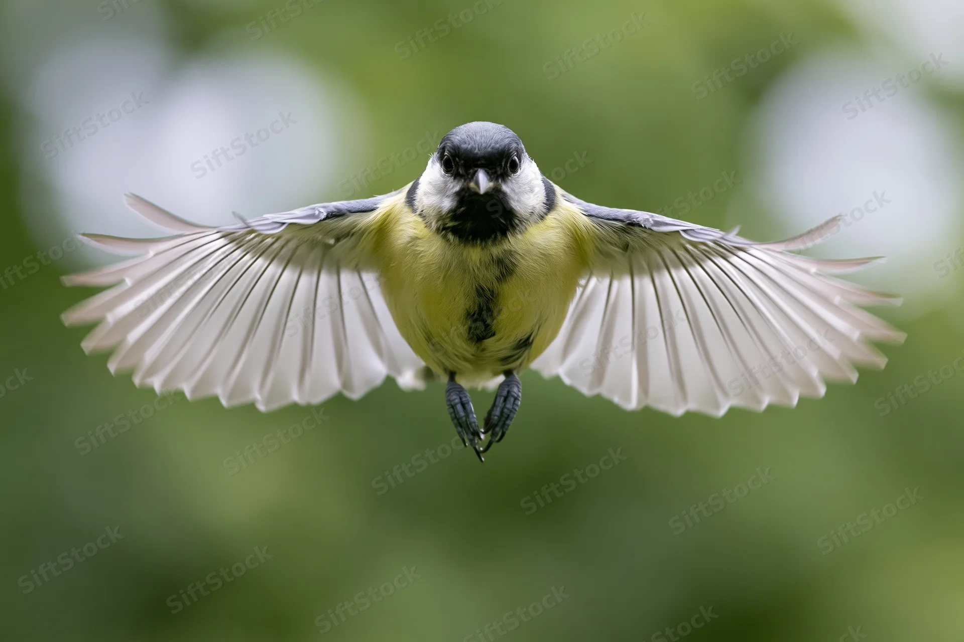 Great tit hovering mid-flight with wings fully spread facing camera in natural green setting