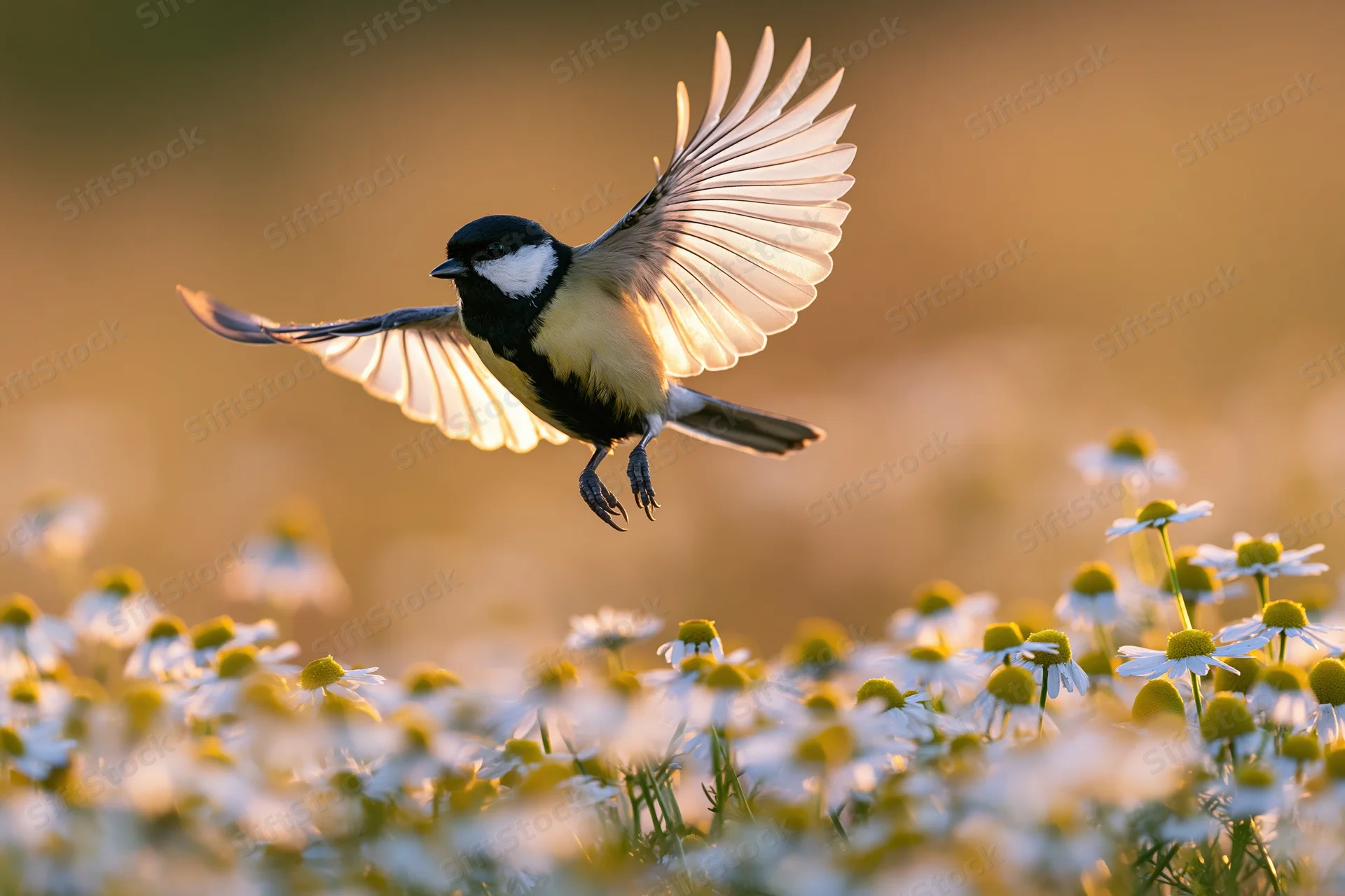 Great tit in mid-flight with wings fully spread hovering above a field of white and yellow flowers at golden hour