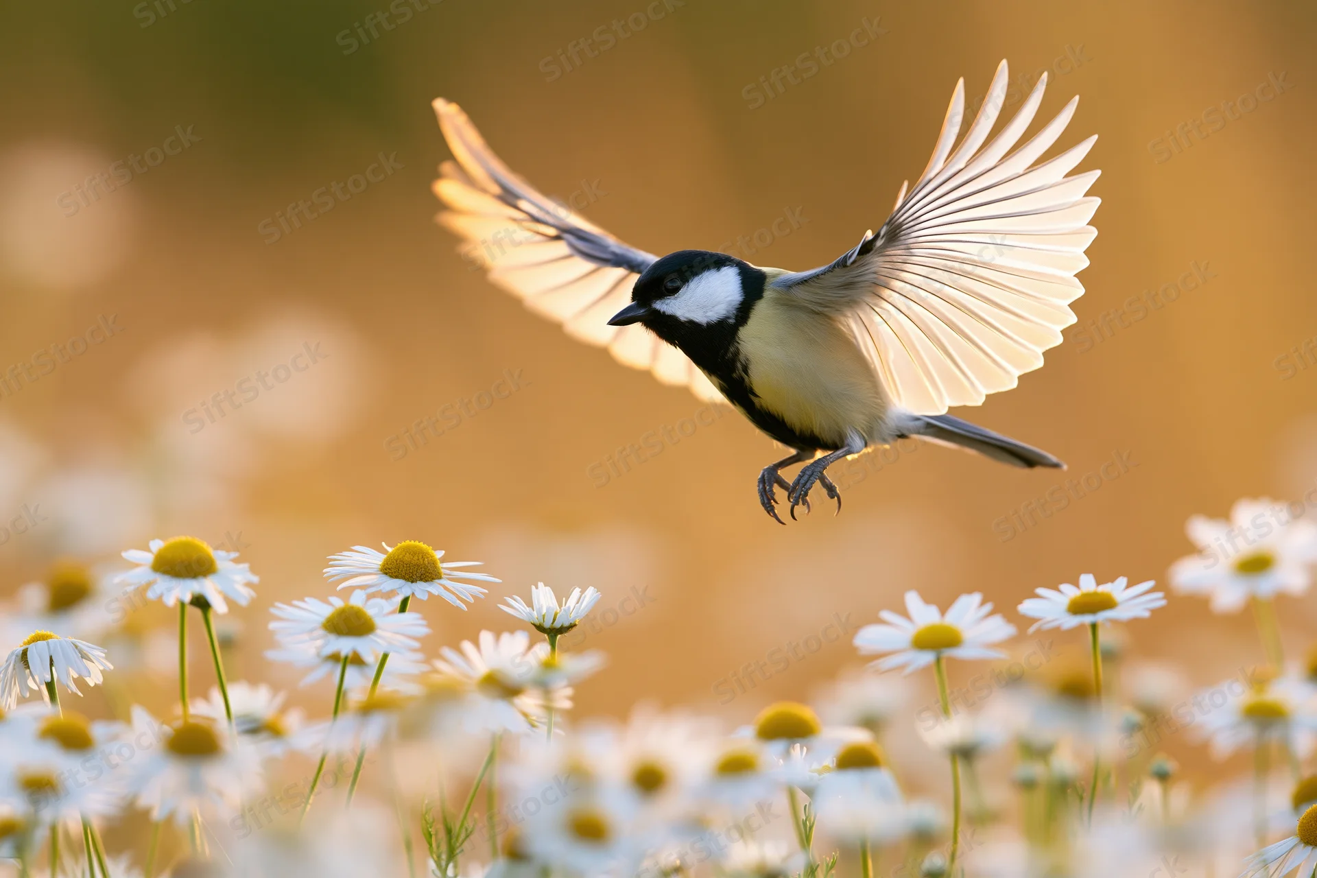 Great tit hovering in mid-flight above a field of white daisies with golden sunlight and soft bokeh background