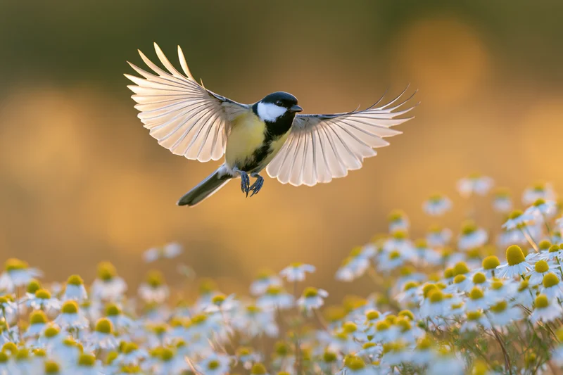 Great tit hovering in mid-flight with wings spread above a field of white daisies in golden light