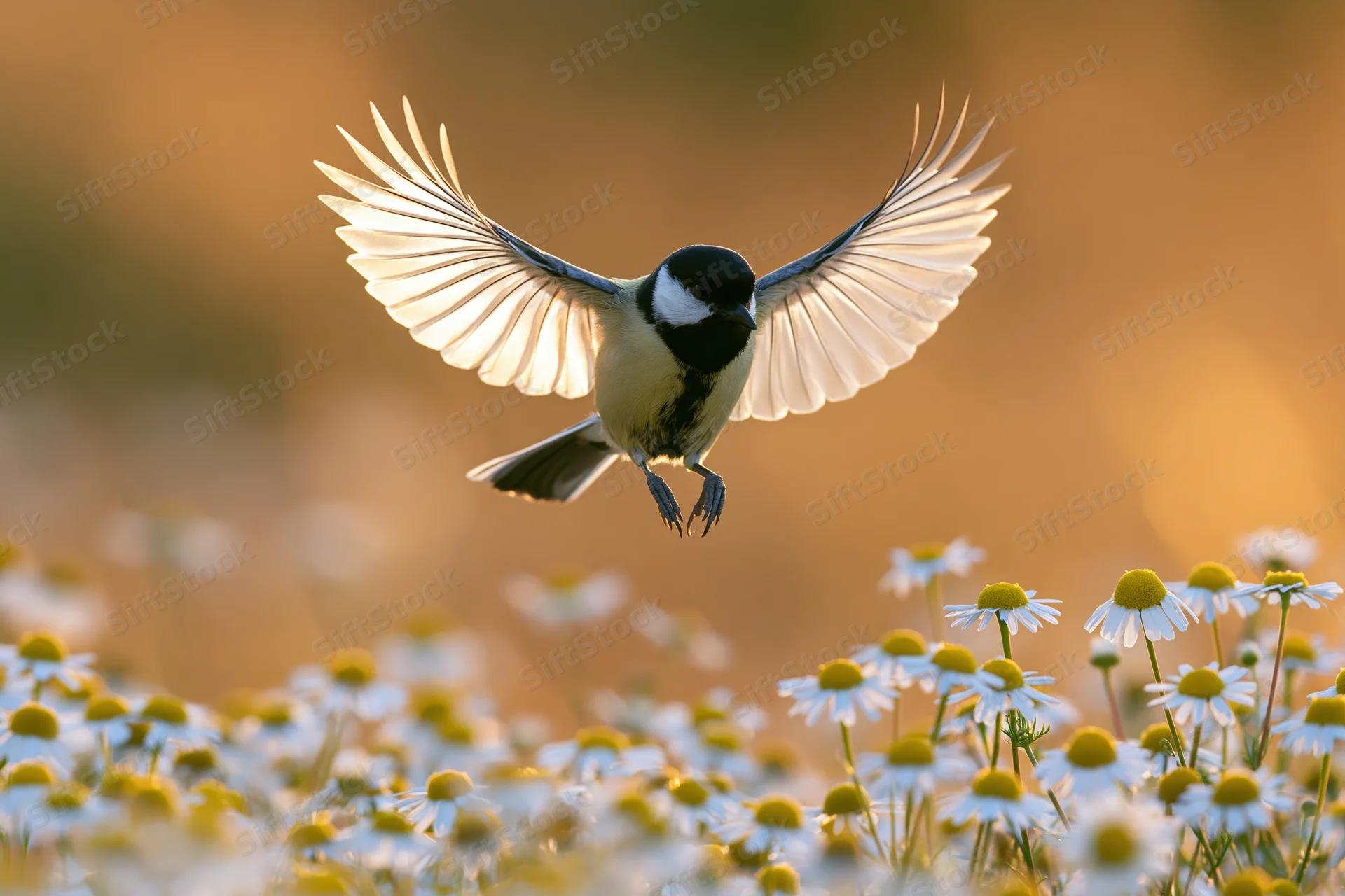 Great tit hovering in mid-flight with wings spread above a field of white daisies