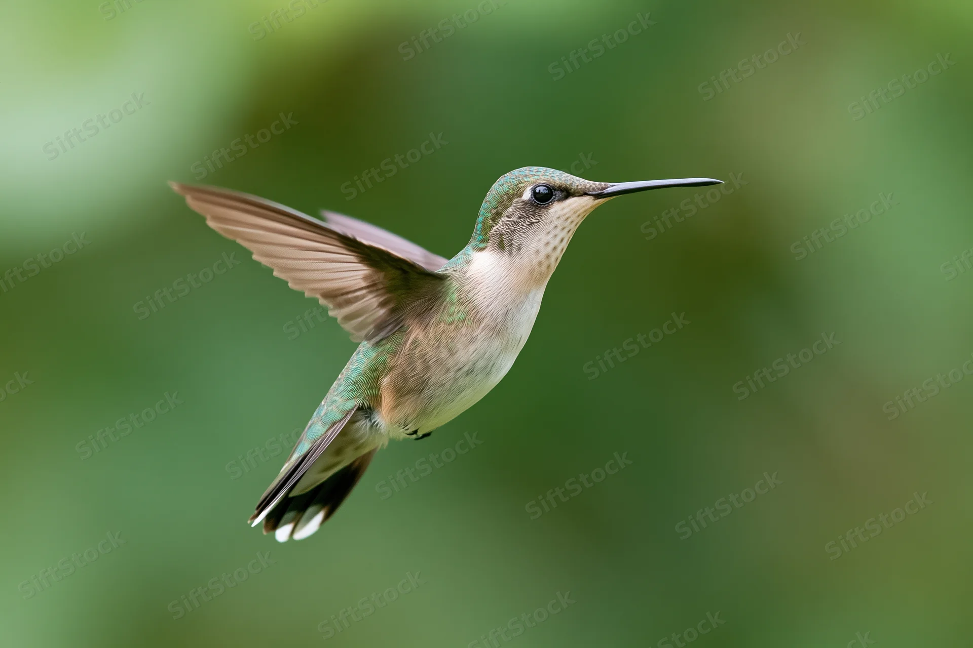 Green-and-white hummingbird hovering mid-flight with blurred wings against soft green foliage background