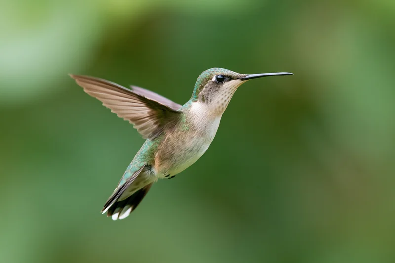 Green-and-white hummingbird hovering mid-flight with blurred wings against soft green foliage background