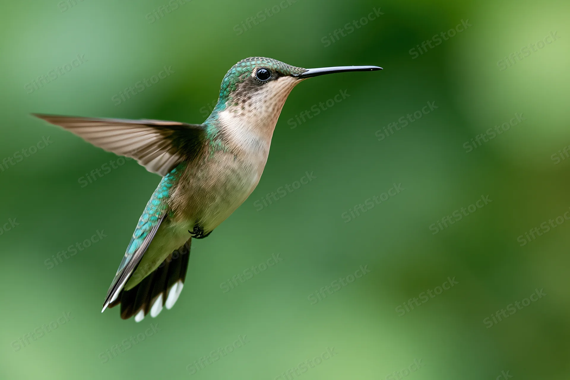 Green-and-white hummingbird hovering mid-flight with blurred wings against a soft green background