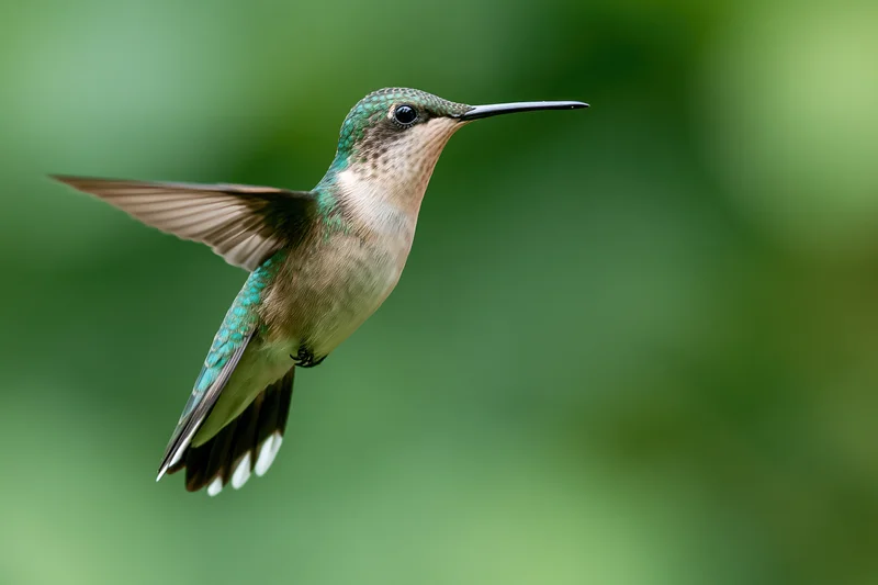 Green-and-white hummingbird hovering mid-flight with blurred wings against a soft green background