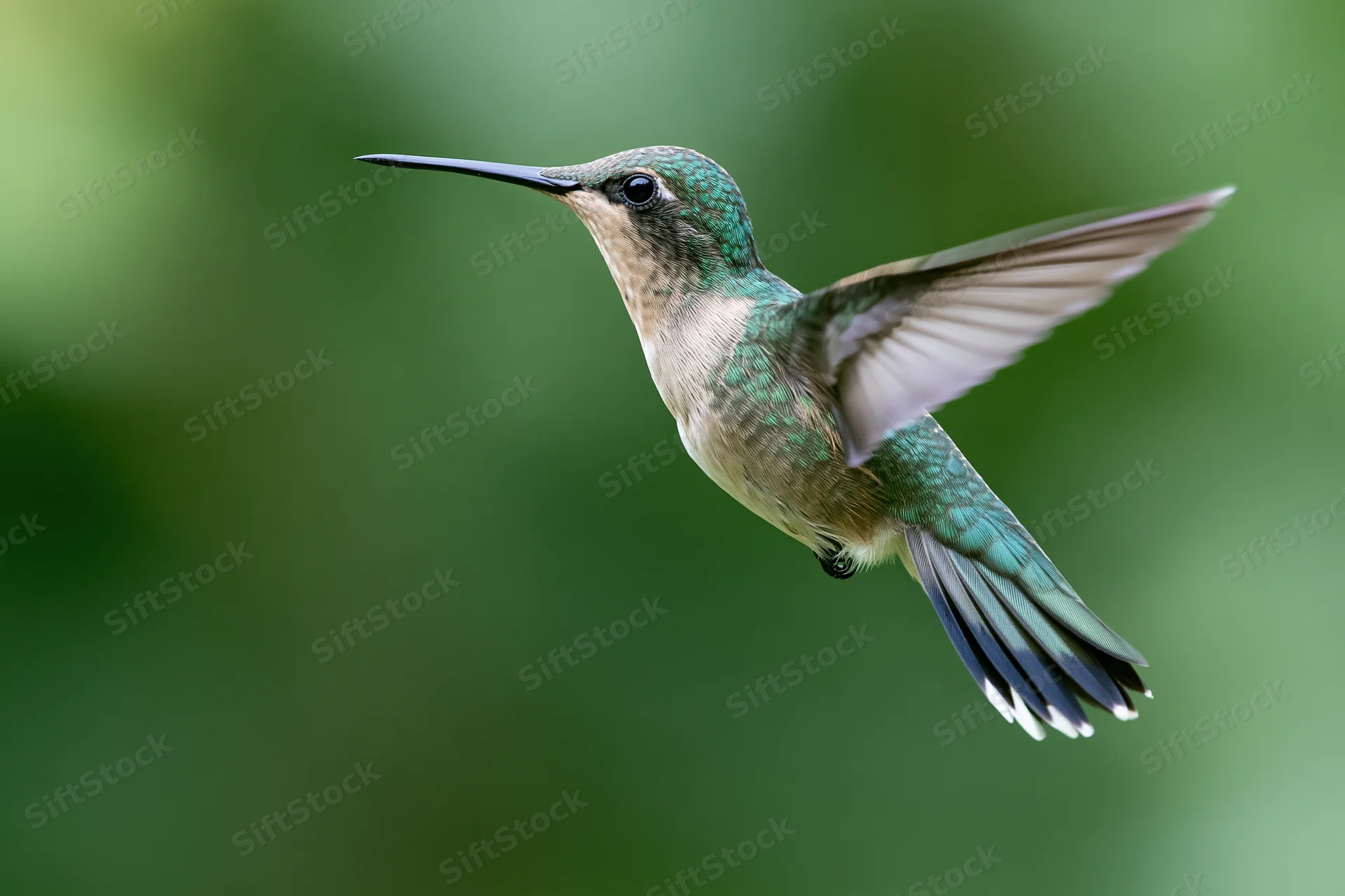 Green-and-white hummingbird hovering mid-flight with blurred wings against a soft green background