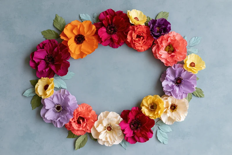 Handmade crepe paper flowers arranged in an oval wreath frame on a plain background