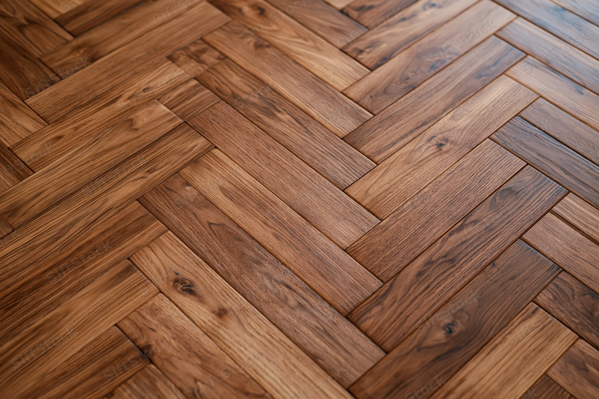 Herringbone parquet wood floor filling the frame with natural grain pattern and warm brown tones