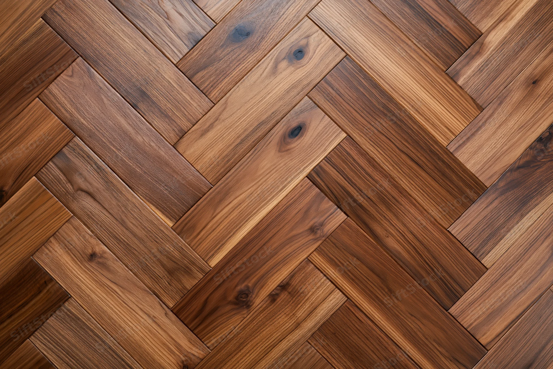 Herringbone patterned hardwood floor filling the frame in a flat view