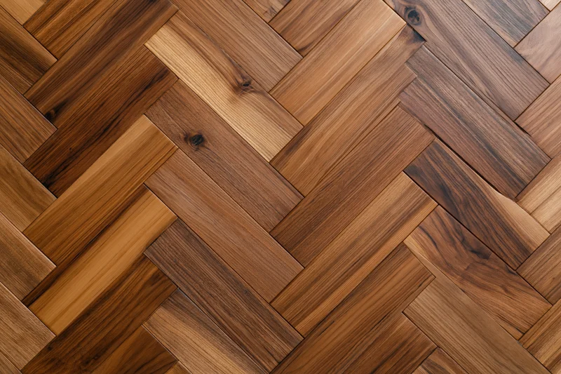 Herringbone parquet wood floor filling the frame with natural grain pattern and warm brown tones