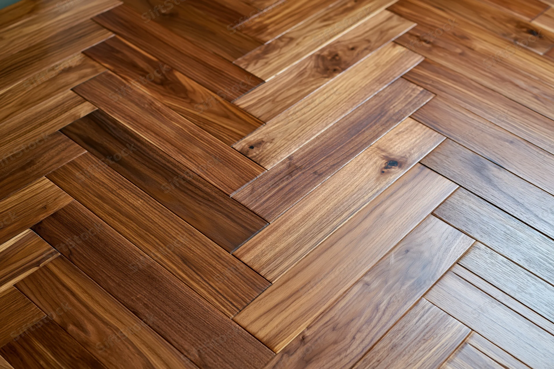Herringbone parquet wood floor filling the frame with natural grain variation and warm tones