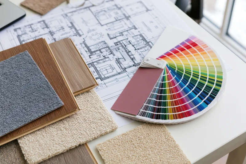 Architectural floor plan with material samples and color swatches arranged on a desk for interior design planning