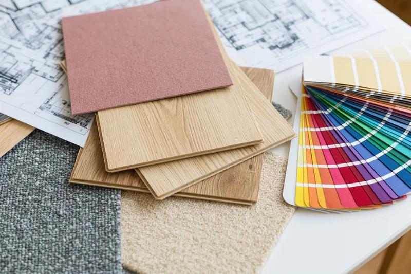 Interior design flat lay with architectural floor plan, material samples and color swatches on a table