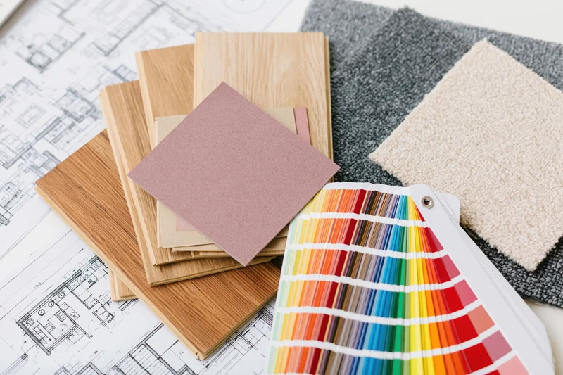 Interior design flat lay with architectural floor plan, material samples, and color swatches arranged on a table