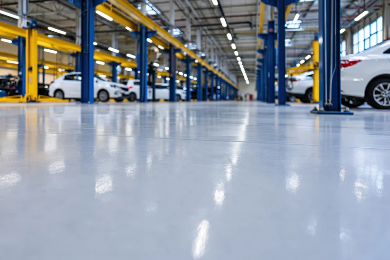 Low-angle view of polished concrete floor in automotive service center with rows of car lifts and white vehicles in bays