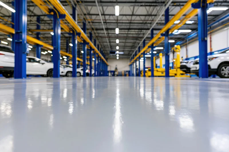 Interior of automotive service center with white cars on lifts viewed from low ground angle