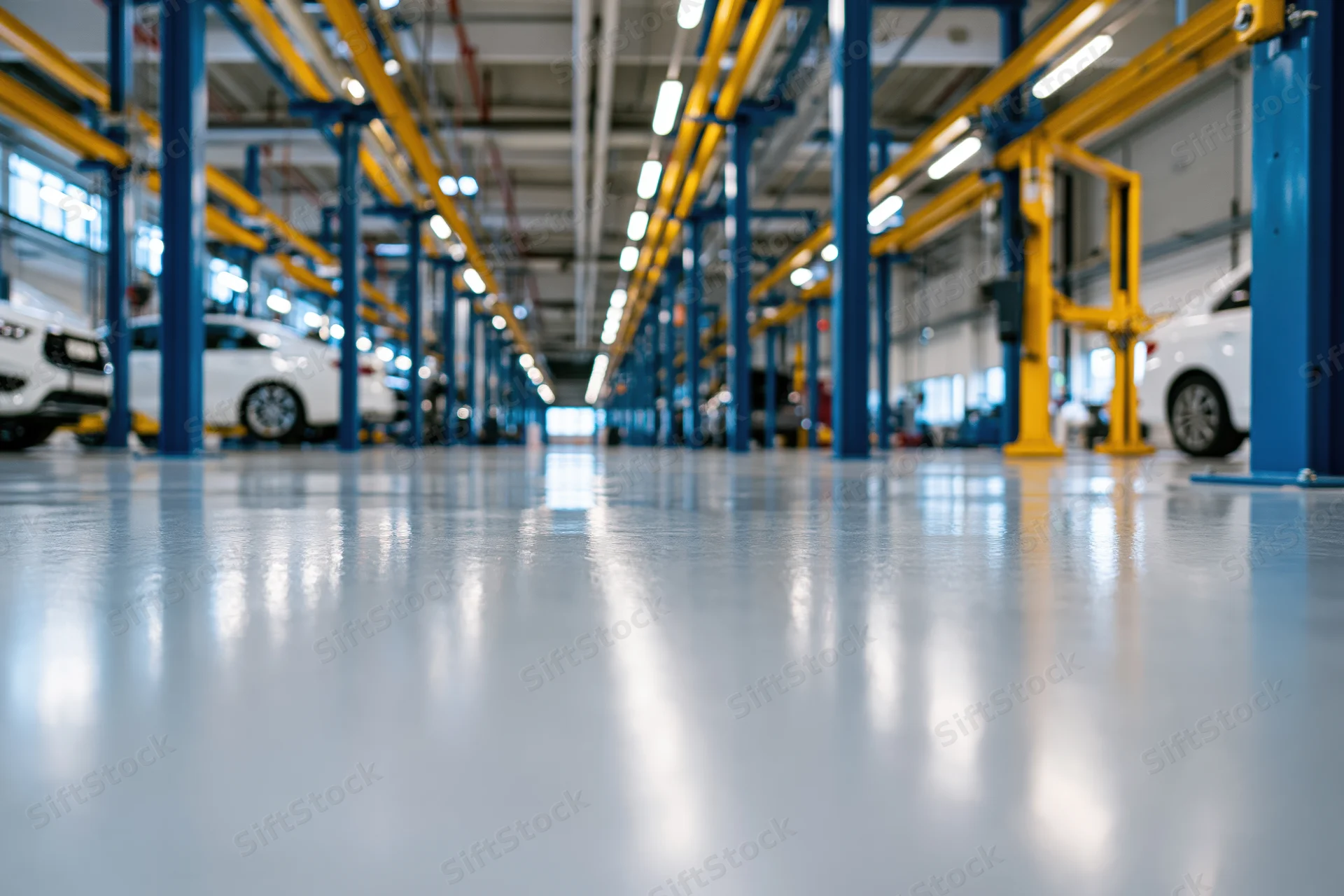 Interior of automotive service center with polished floor and vehicle lifts