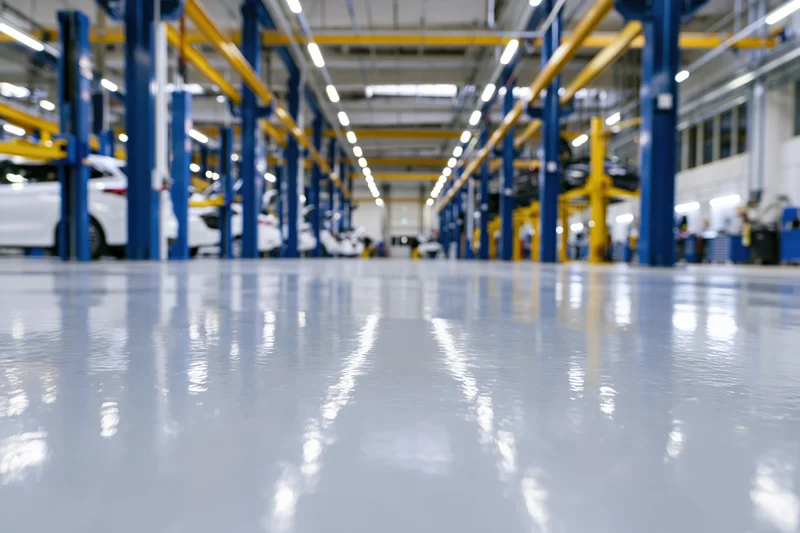 Low-angle view of polished floor in automotive service center with cars on lifts and overhead lighting