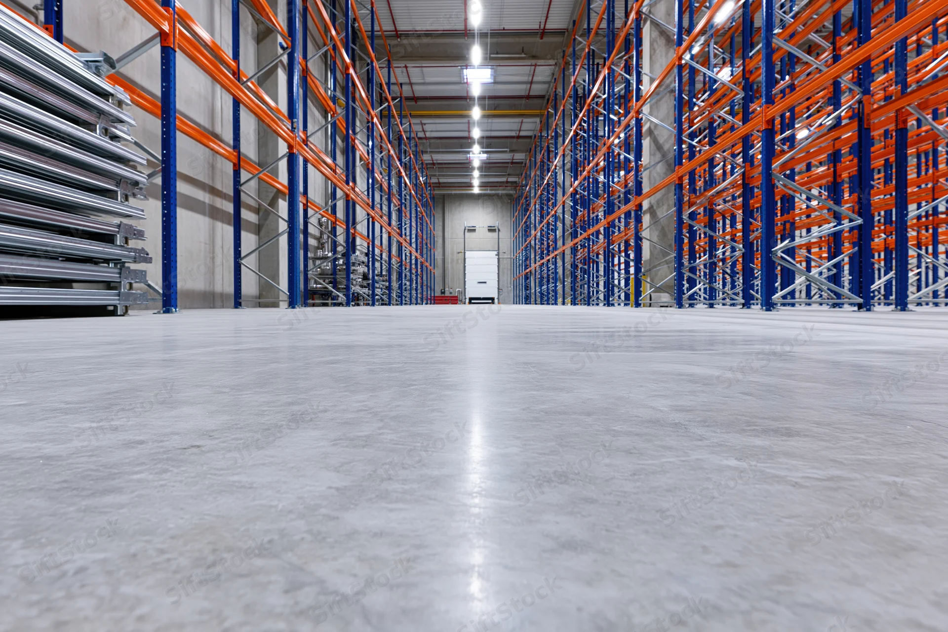 Empty aisle between tall blue and orange metal shelving units in a modern warehouse interior