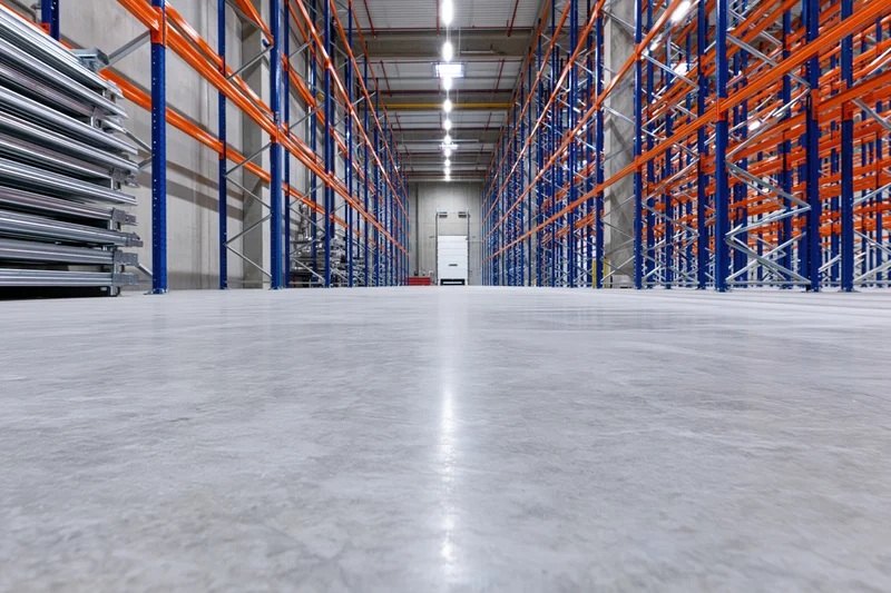 Empty aisle between tall blue and orange metal shelving units in a modern warehouse interior