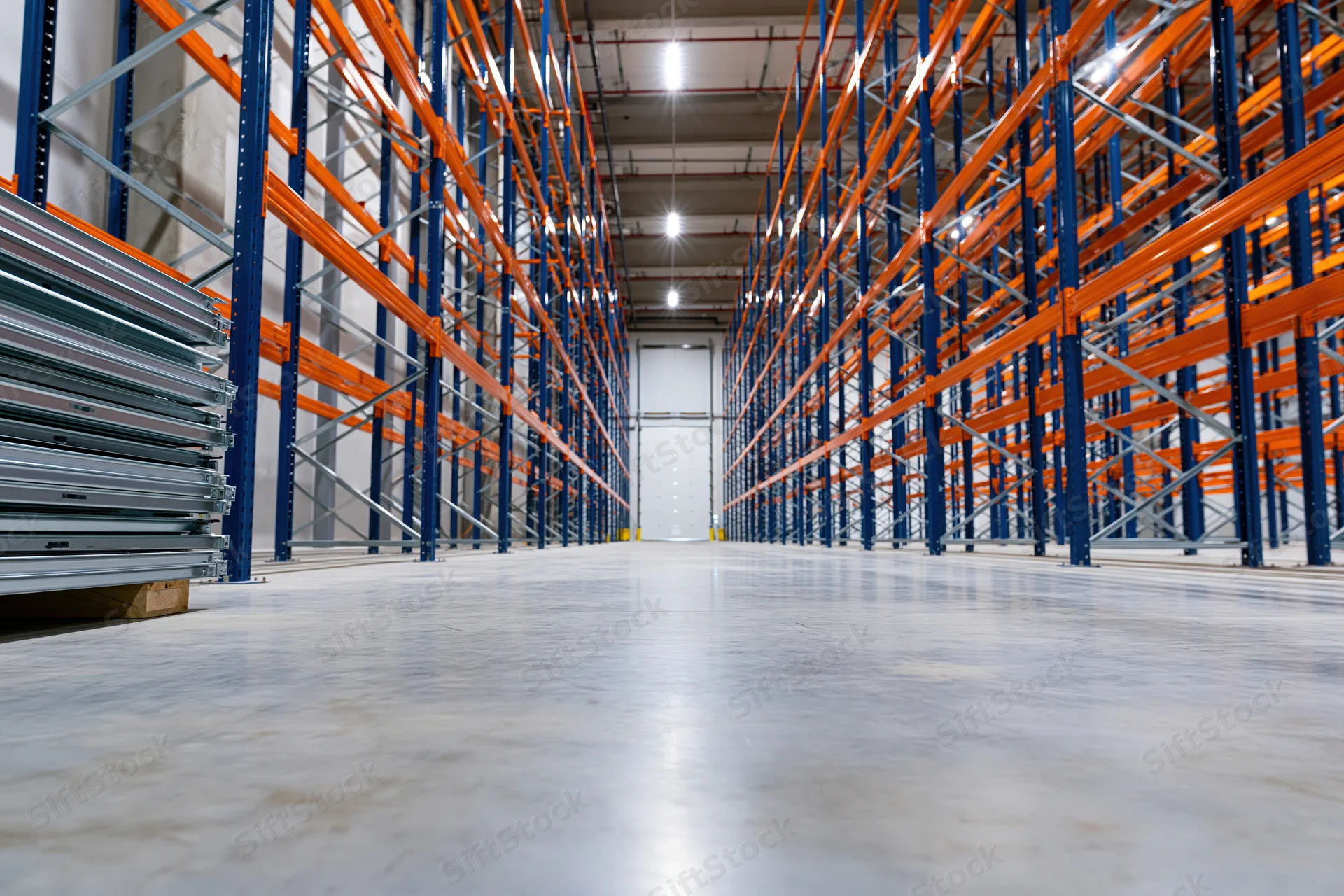 Empty warehouse interior with tall blue and orange metal shelving units lining a concrete aisle