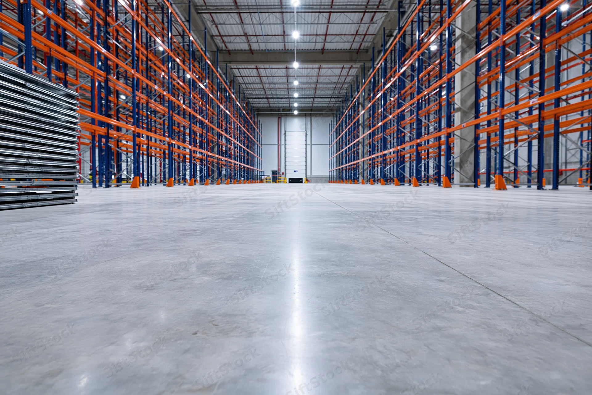 Empty industrial warehouse interior with tall blue and orange metal shelving units lining a wide concrete aisle