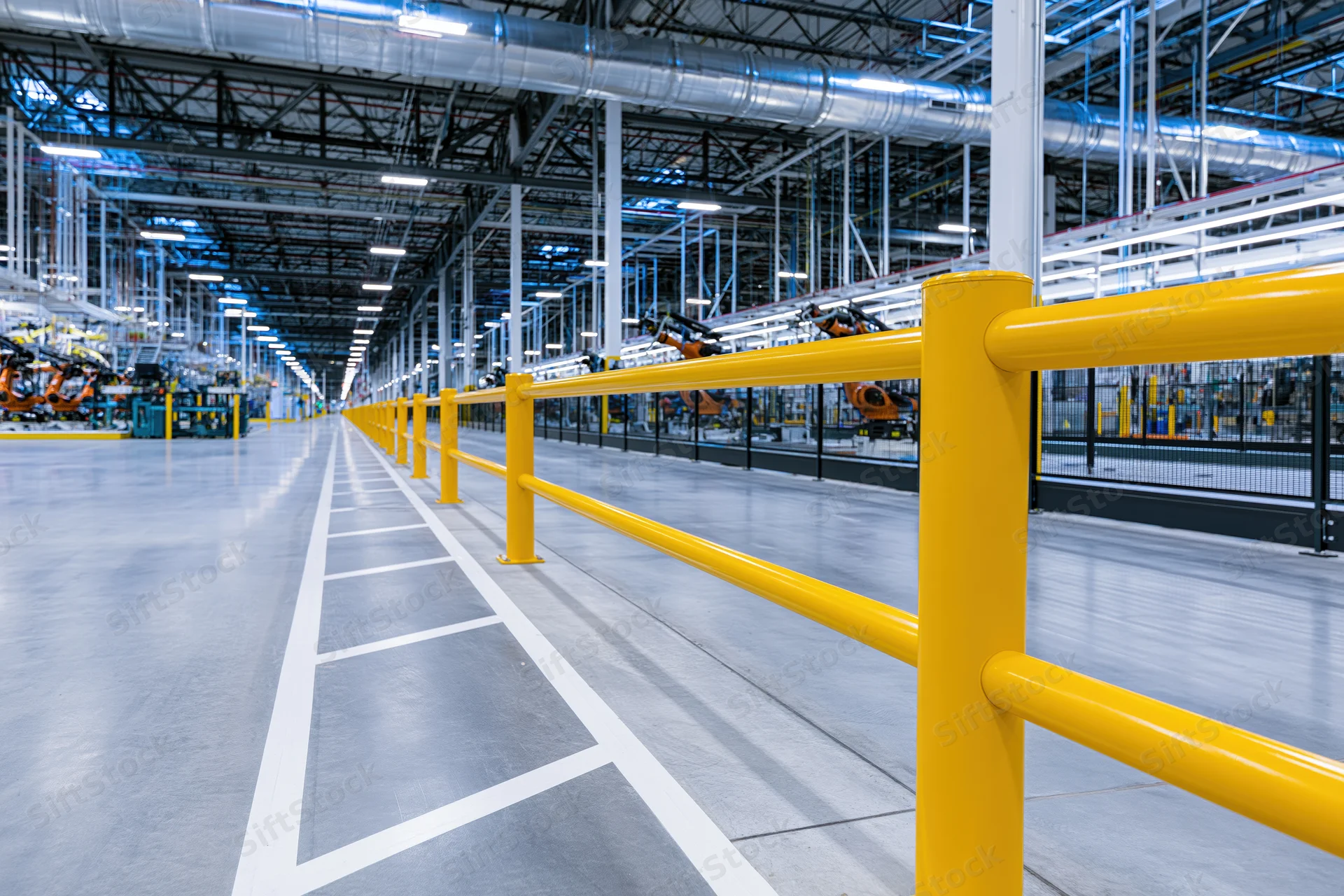 Empty automotive manufacturing plant interior with yellow safety railings and robotic assembly line