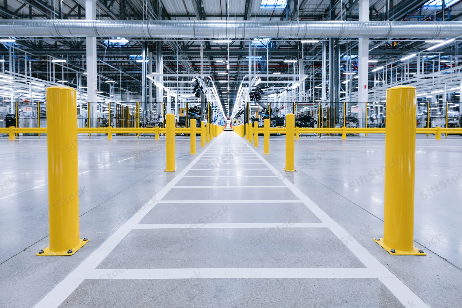 Empty automotive assembly line in a modern factory interior with yellow safety bollards and white floor markings