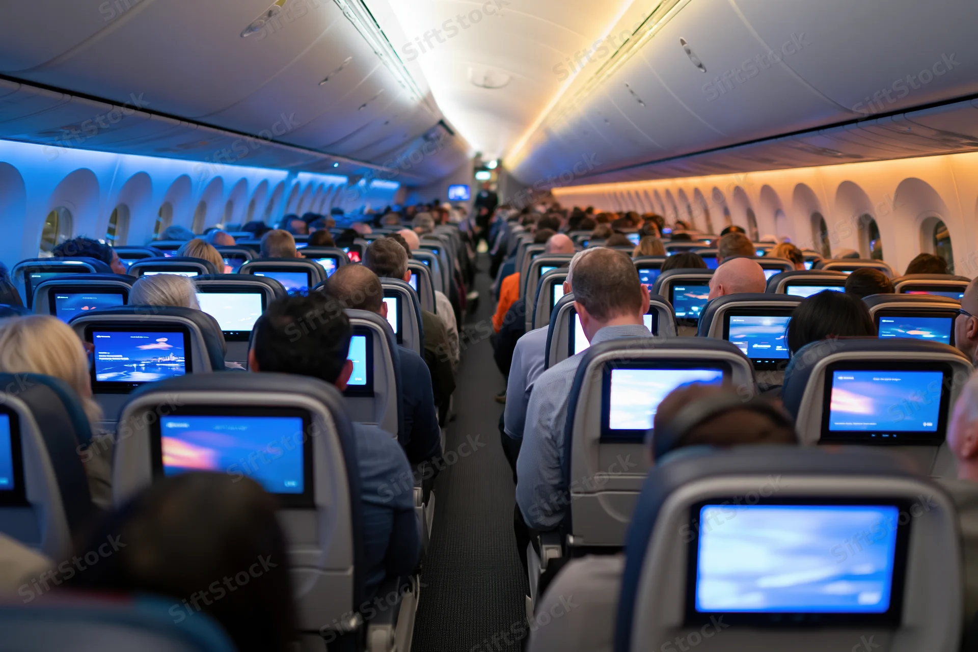 Passengers seated in a wide-body aircraft cabin with illuminated seatback screens and ambient lighting along the aisle