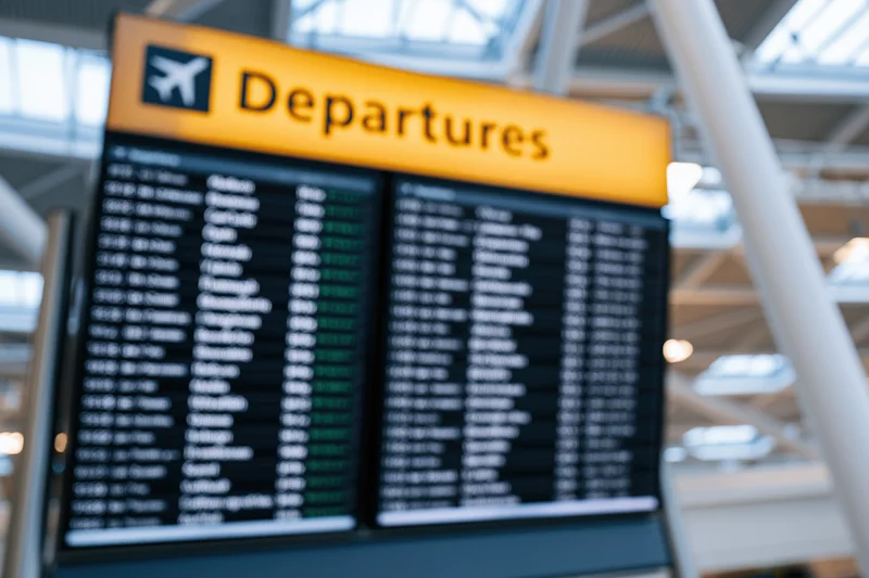 Large digital departures board displaying flight information in an airport terminal viewed from below at a low angle