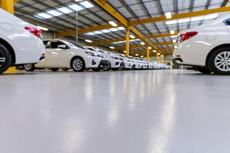 Row of white cars lined up in automotive service center interior