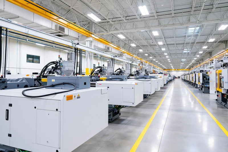 Injection molding machines arranged in rows inside a modern industrial factory