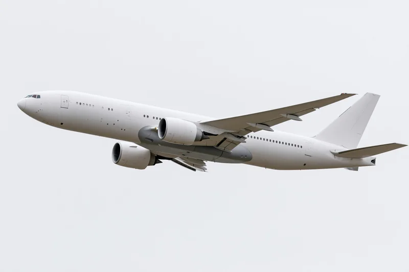 White wide-body commercial passenger jet in level flight against overcast sky