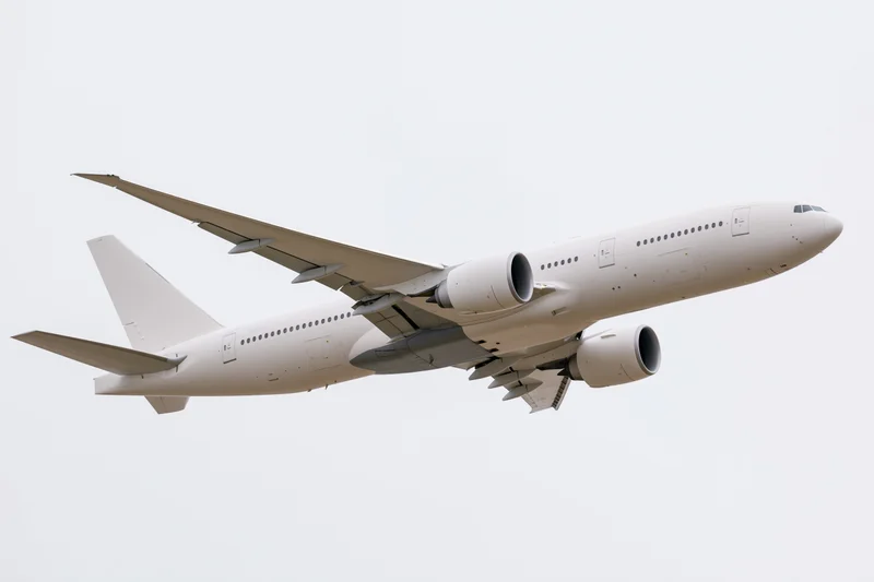 White wide-body commercial passenger jet in level flight against overcast sky