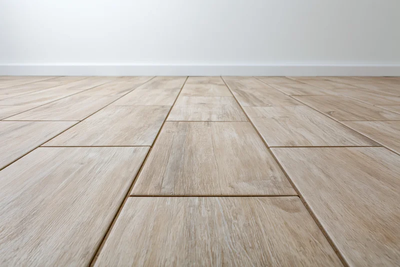 Light beige wood-look ceramic tile floor arranged in staggered pattern viewed from low angle in interior space