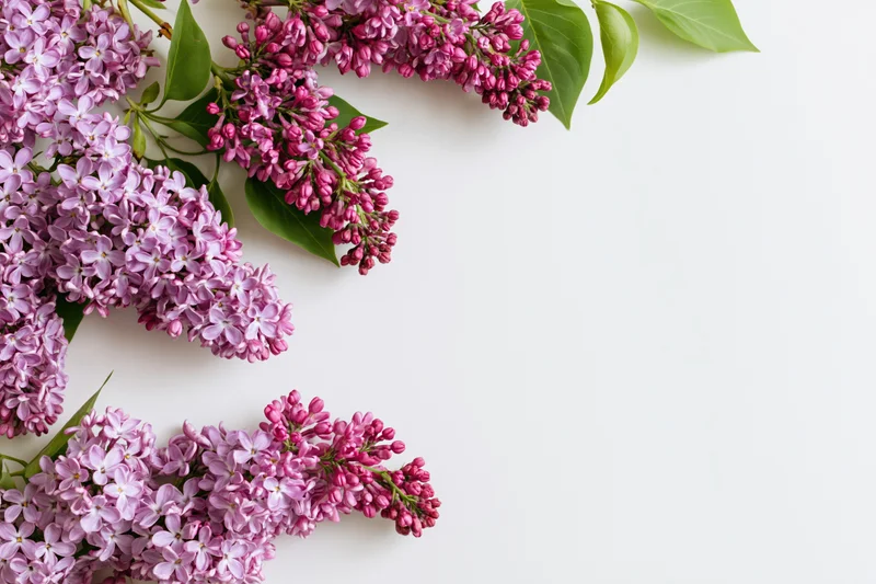 Lilac flower branches with pink and purple blooms arranged on white background with copyspace
